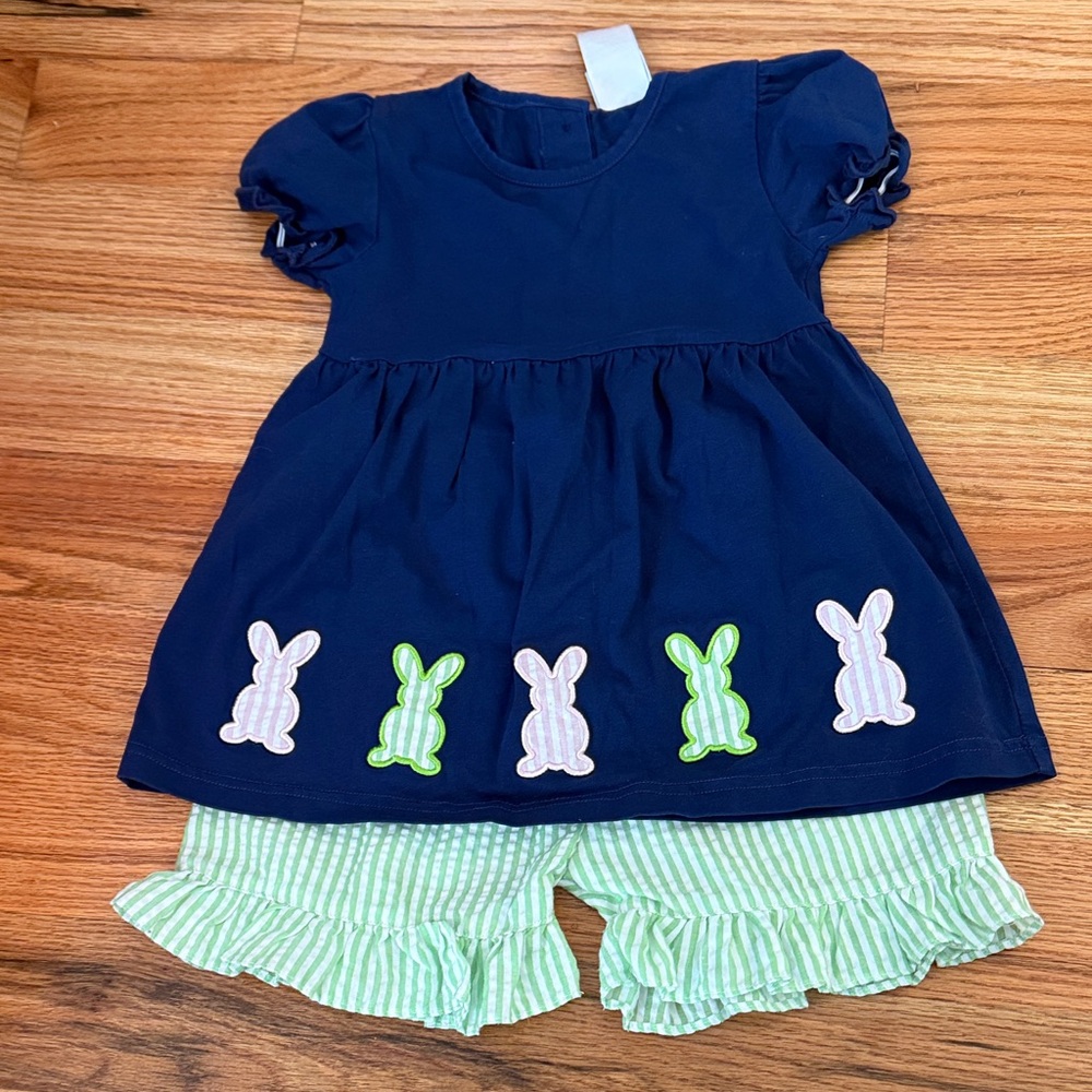 Navy Top with Bunny Appliqué and Striped Shorts